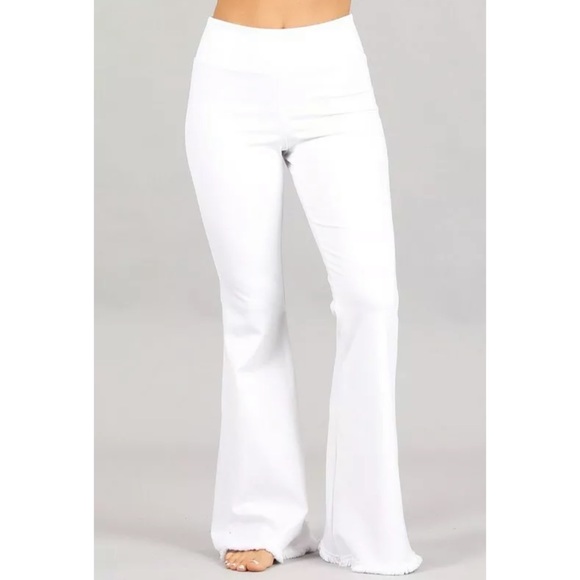 SOLD OUT White Ponte Stretch High Waist Bell Flared Pants - Picture 2 of 6
